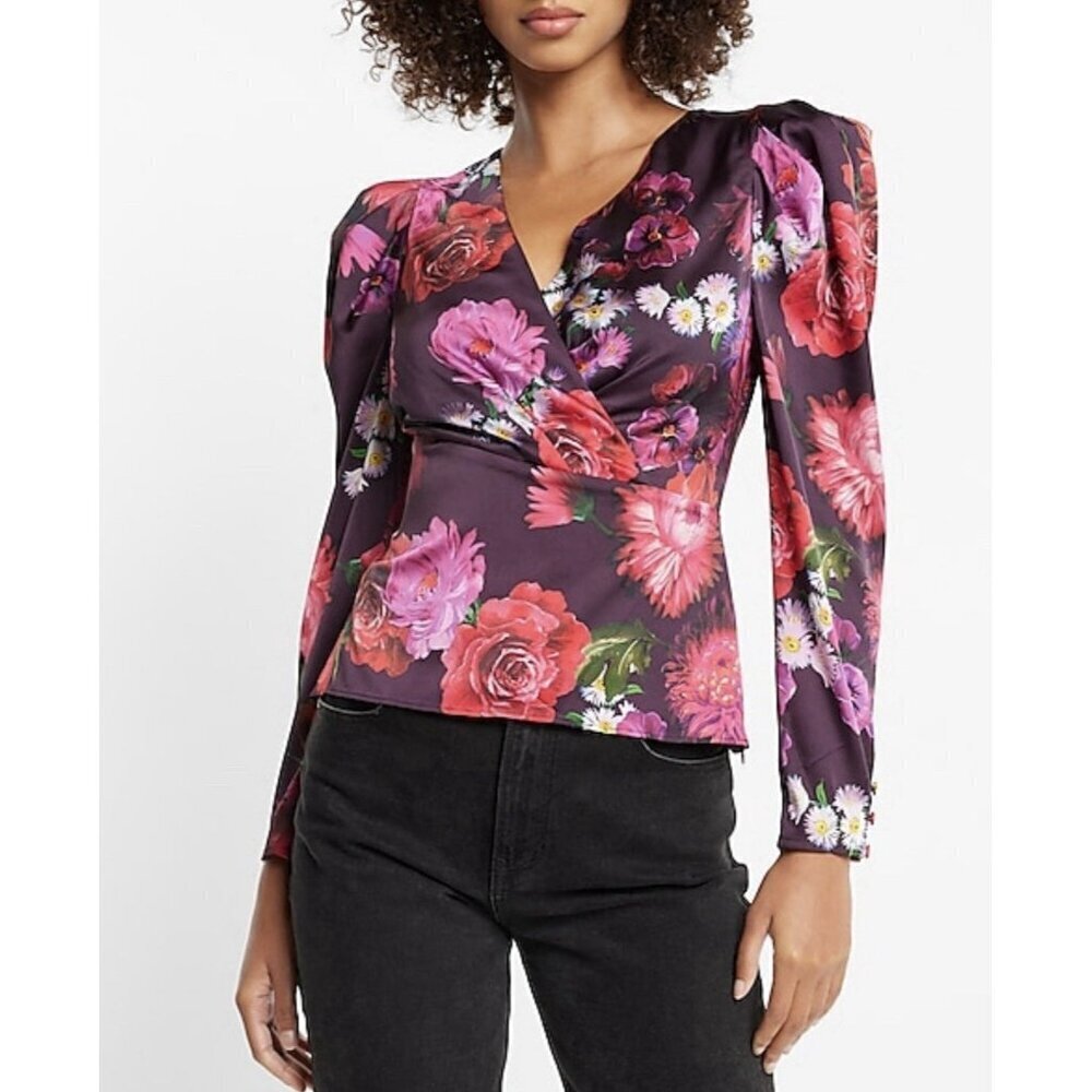 Express Women's Satin Wrap Top Size XS Floral Long Puff Sleeve V-Neck NWT $64